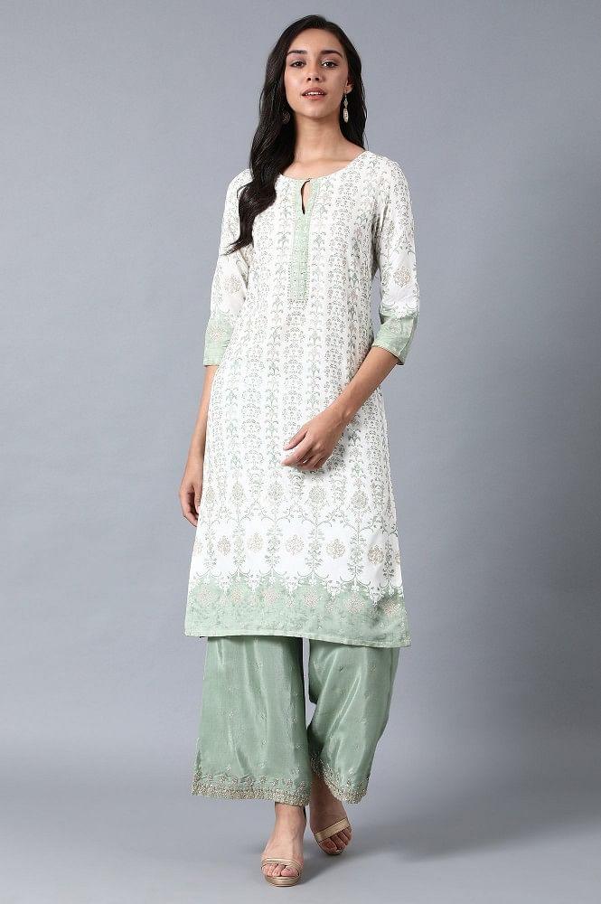 Green Round Neck Glitter Print Livaeco kurta - wforwoman