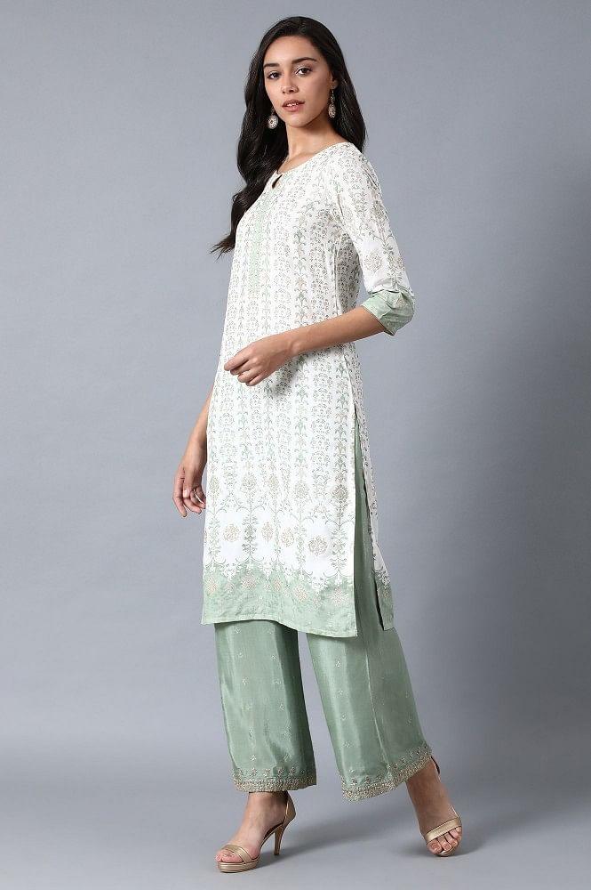 Green Round Neck Glitter Print Livaeco kurta - wforwoman