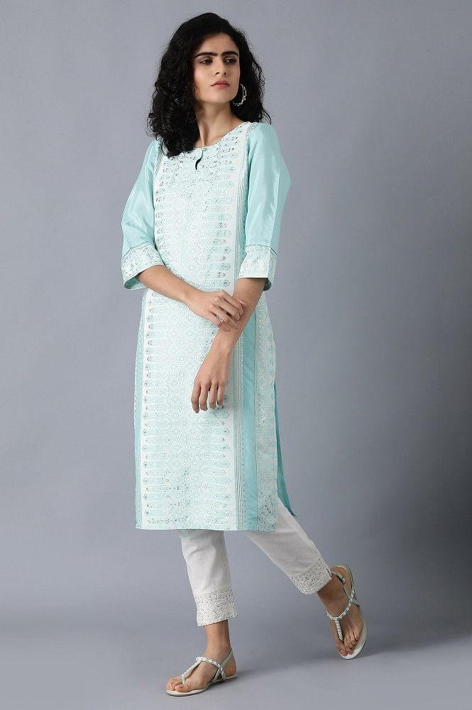 Blue Round Neck Glitter Print kurta - wforwoman