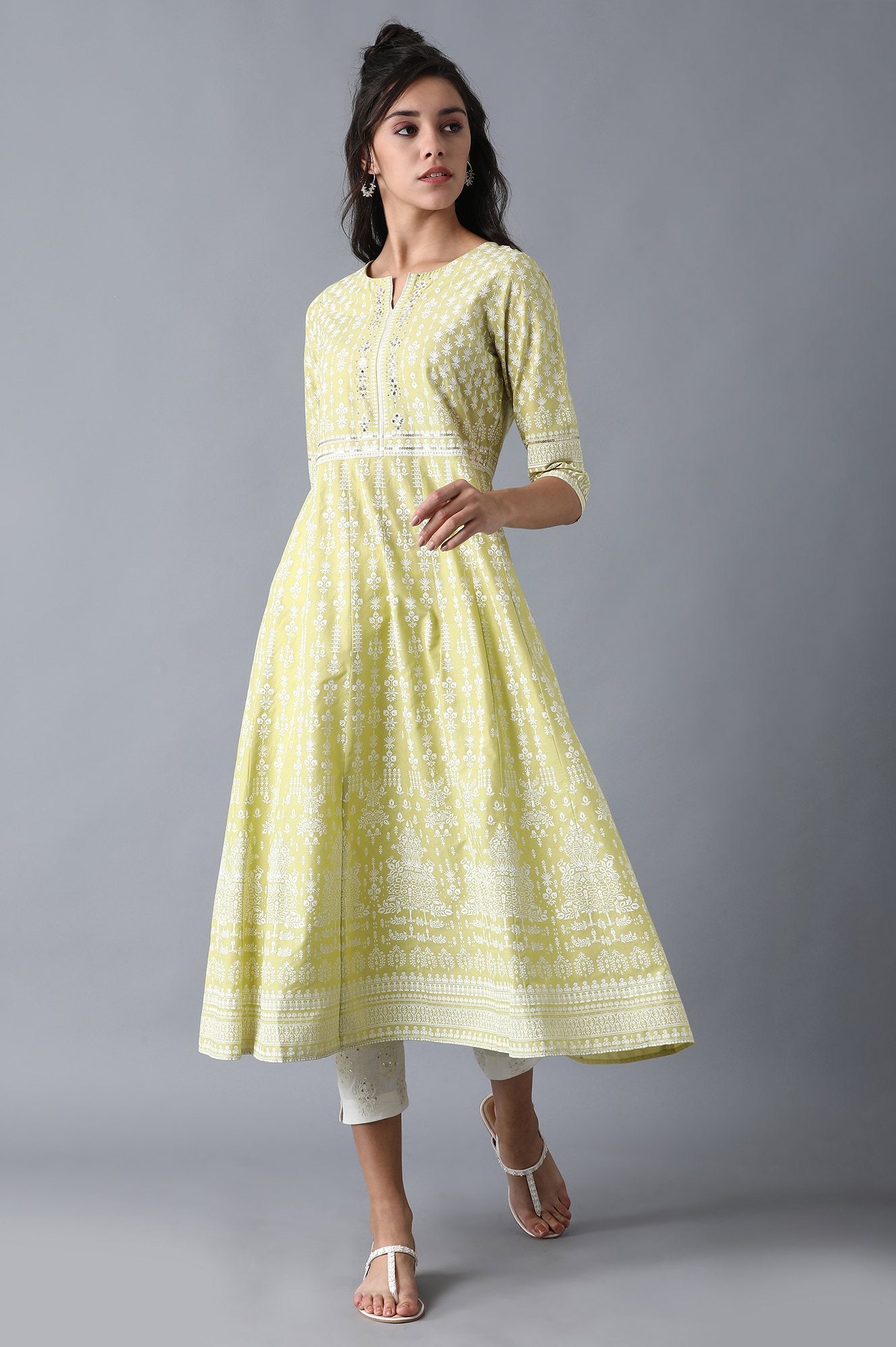 Green Round Neck Printed Anarkali kurta
