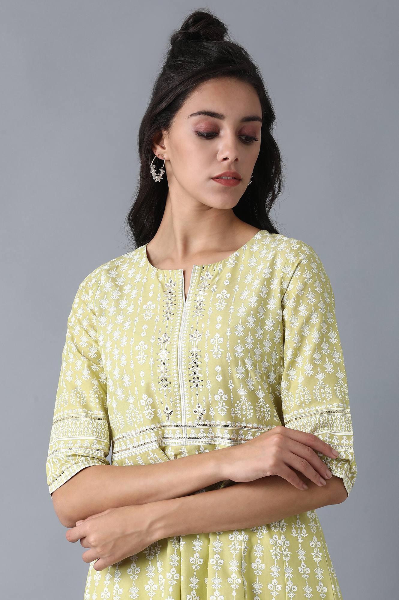 Green Round Neck Printed Anarkali kurta