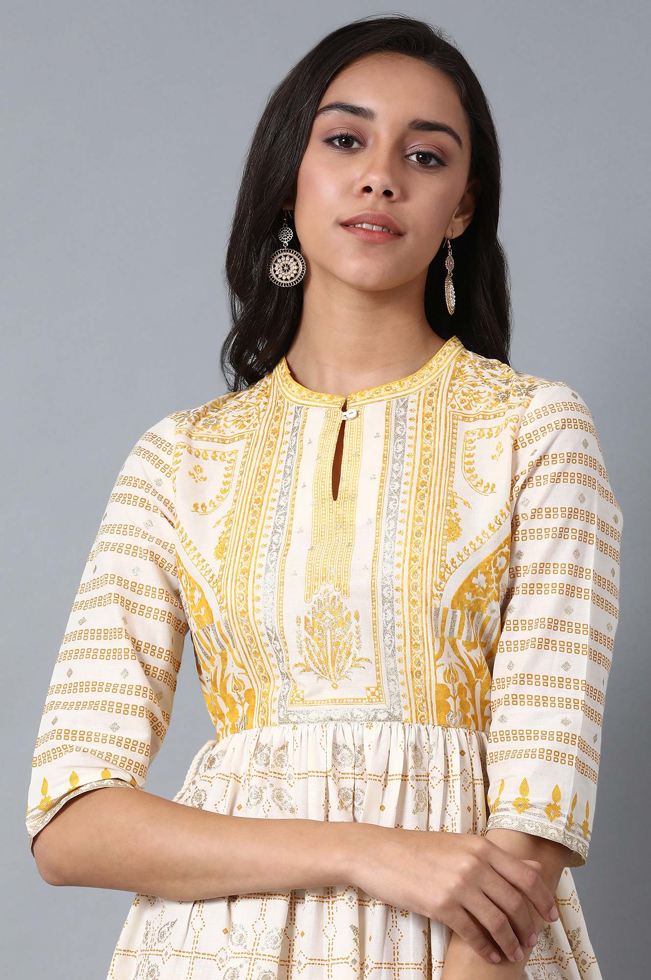Yellow Mandarin Neck Printed kurta