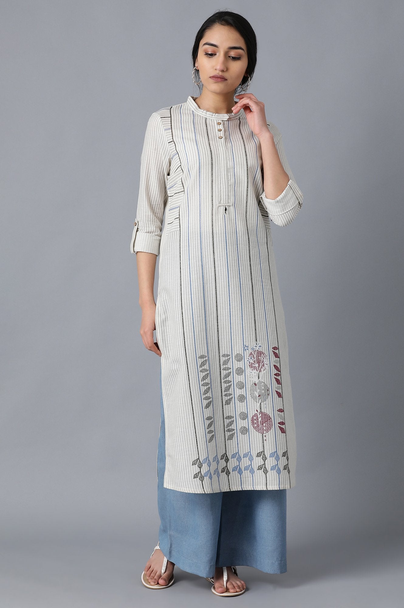Ecru Mandarin Neck Printed kurta
