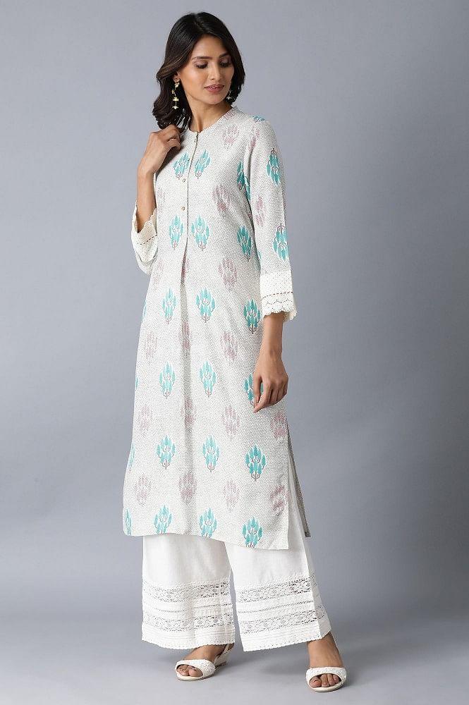 Off-white Printed Straight kurta - wforwoman
