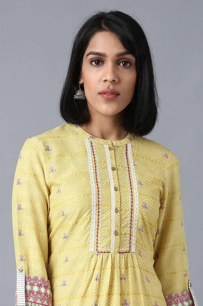 Yellow Mandarin Neck Printed Livaeco kurta - wforwoman