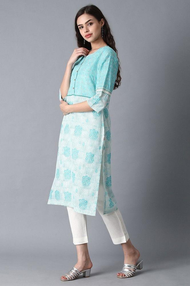 Blue Round Neck Printed kurta - wforwoman