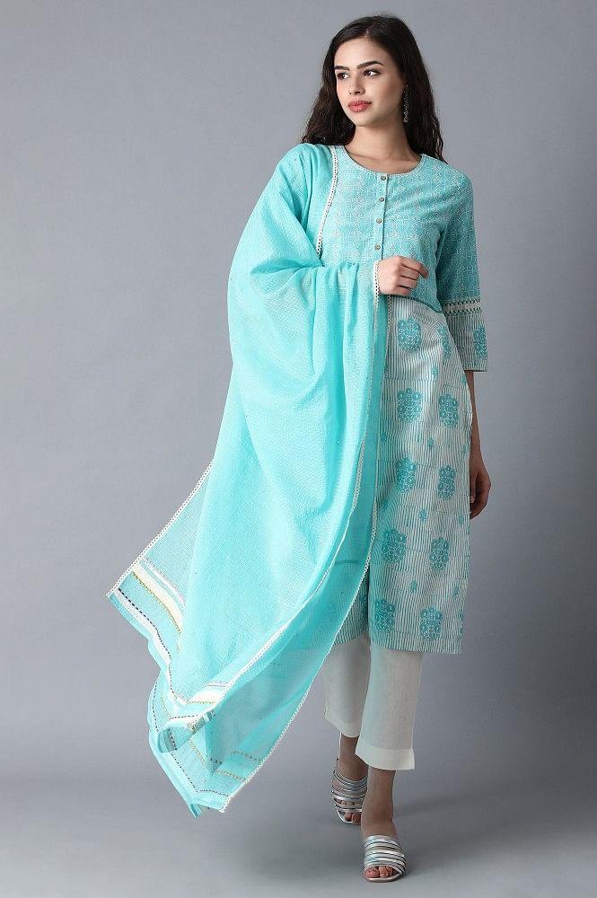 Blue Round Neck Printed kurta - wforwoman