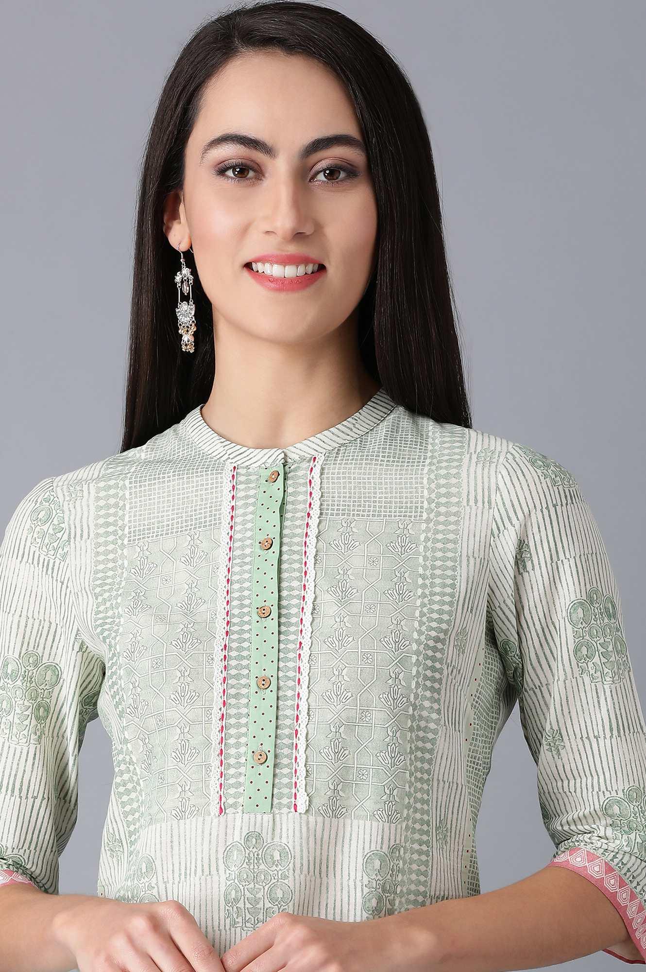 Smoke Green Printed Straight kurta in Mandarin Neck - wforwoman