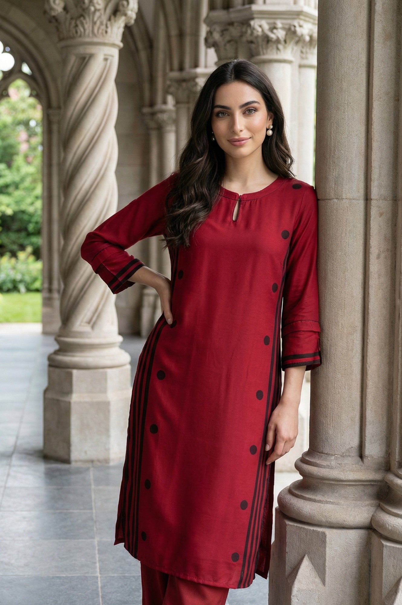 Red Geometric Printed Keyhole Neckline Rayon Straight Kurta