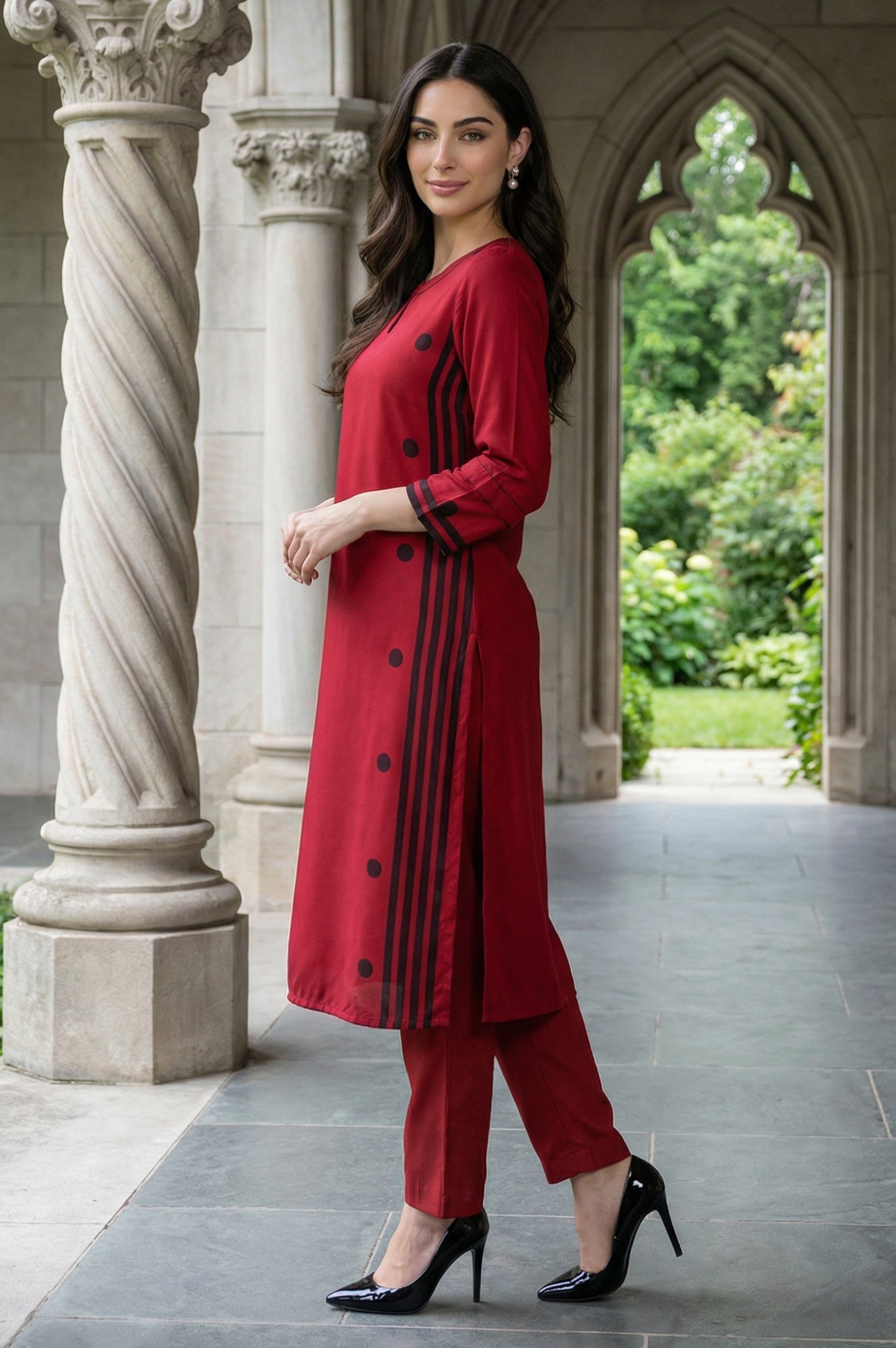 Red Geometric Printed Keyhole Neckline Rayon Straight Kurta