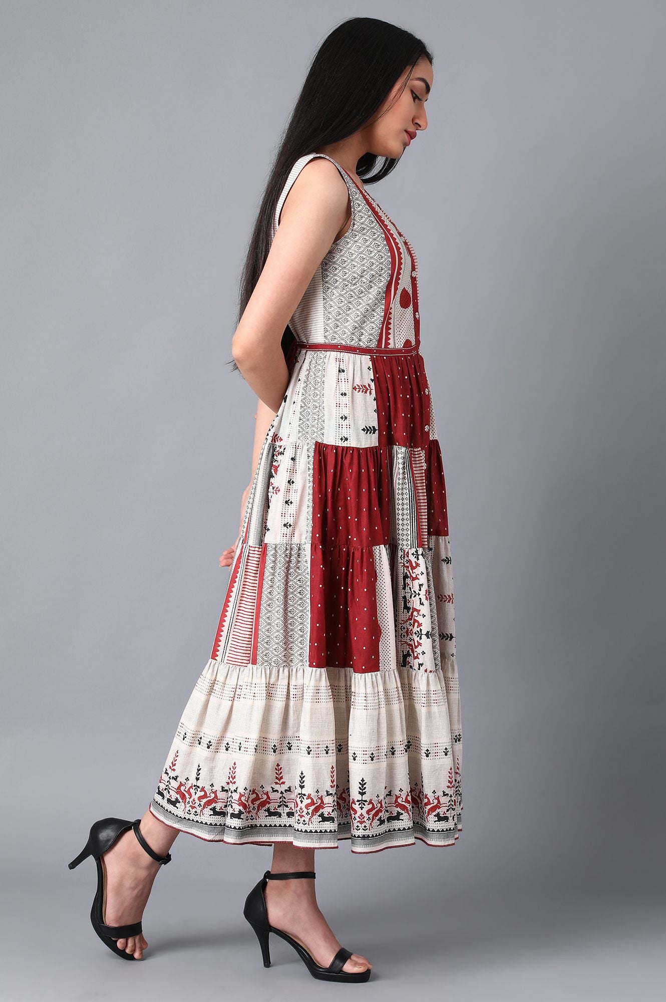 Ecru Round Neck Tiered Dress