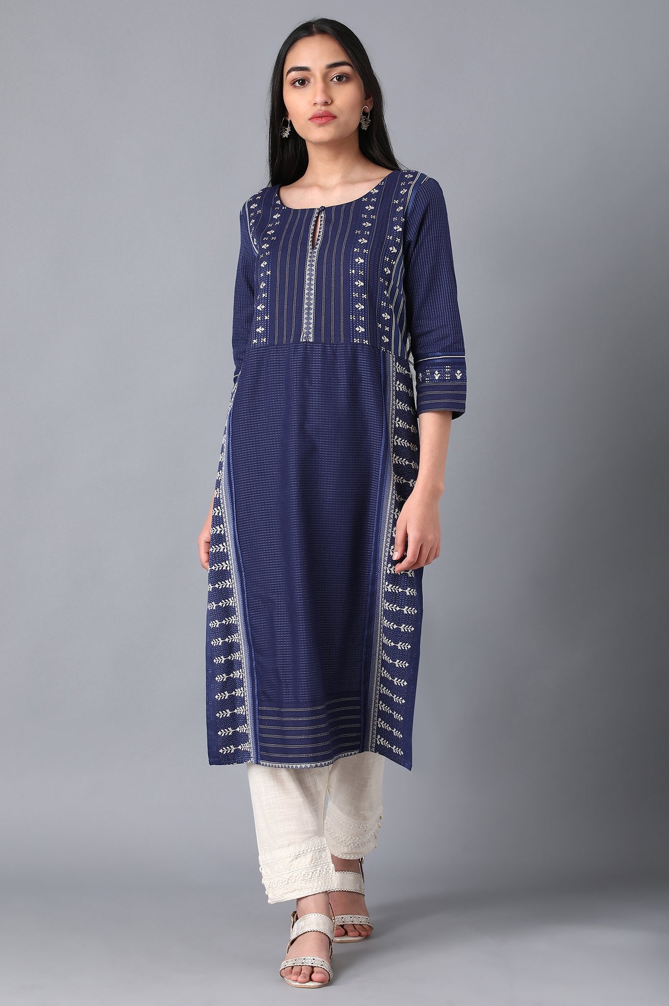 Blue Boat Neck Printed kurta