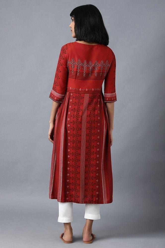 Maroon Round Neck Printed Livaeco kurta - wforwoman