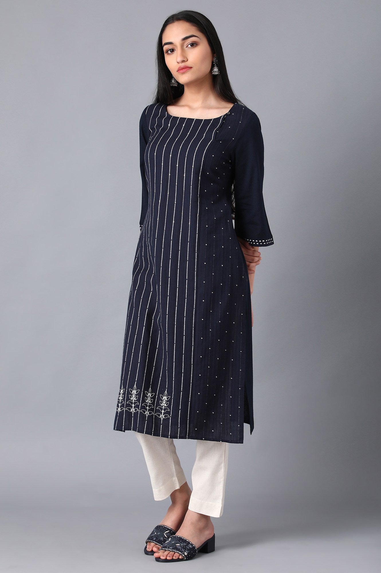 Navy Boat Neck Printed kurta