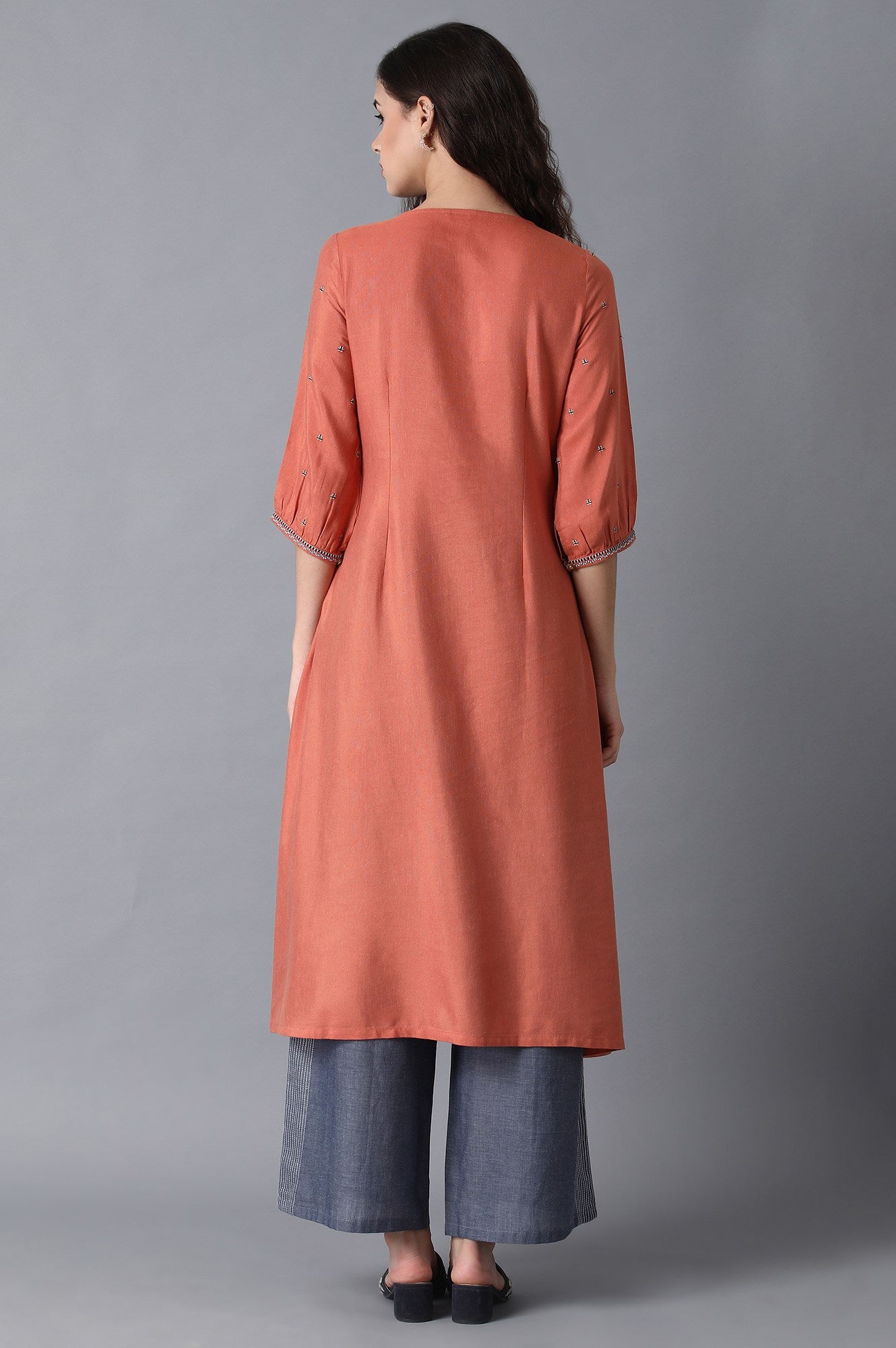 Peach Round Neck Gathered Dress