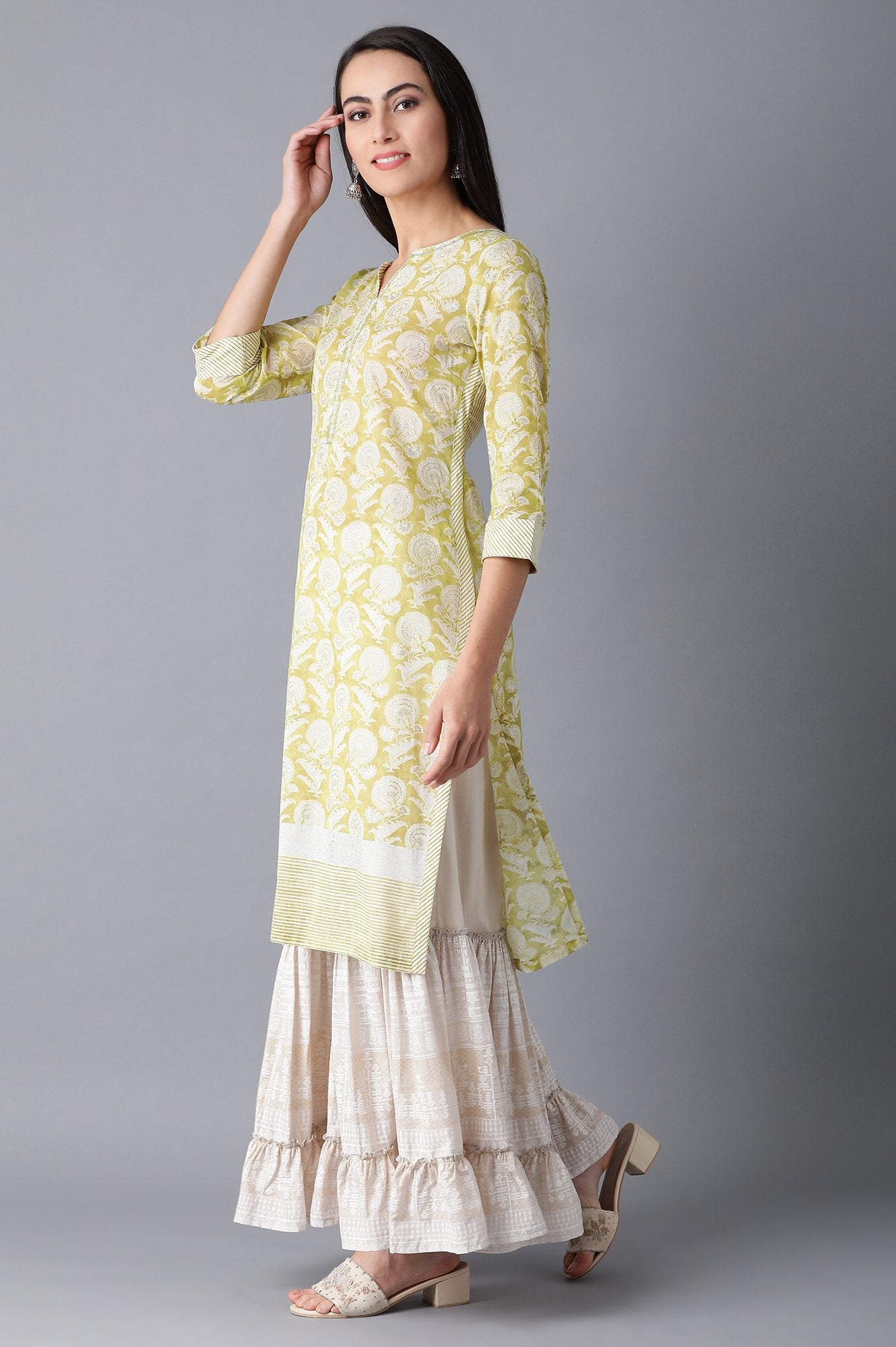 Green Round Neck Printed kurta