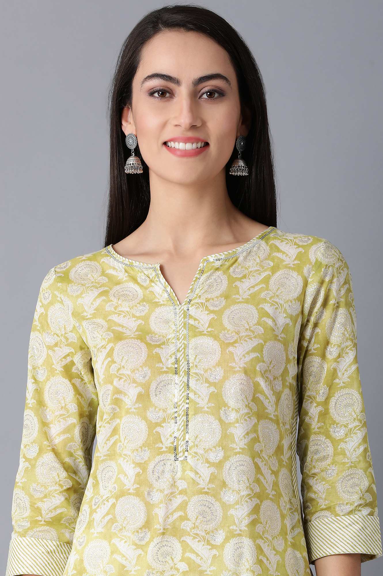 Green Round Neck Printed kurta