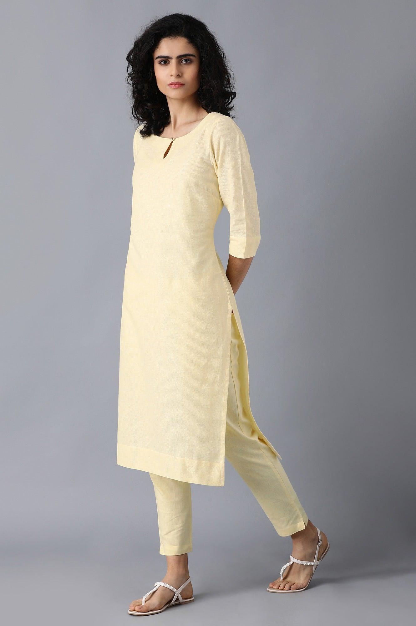 Yellow Round Neck Classic kurta - wforwoman