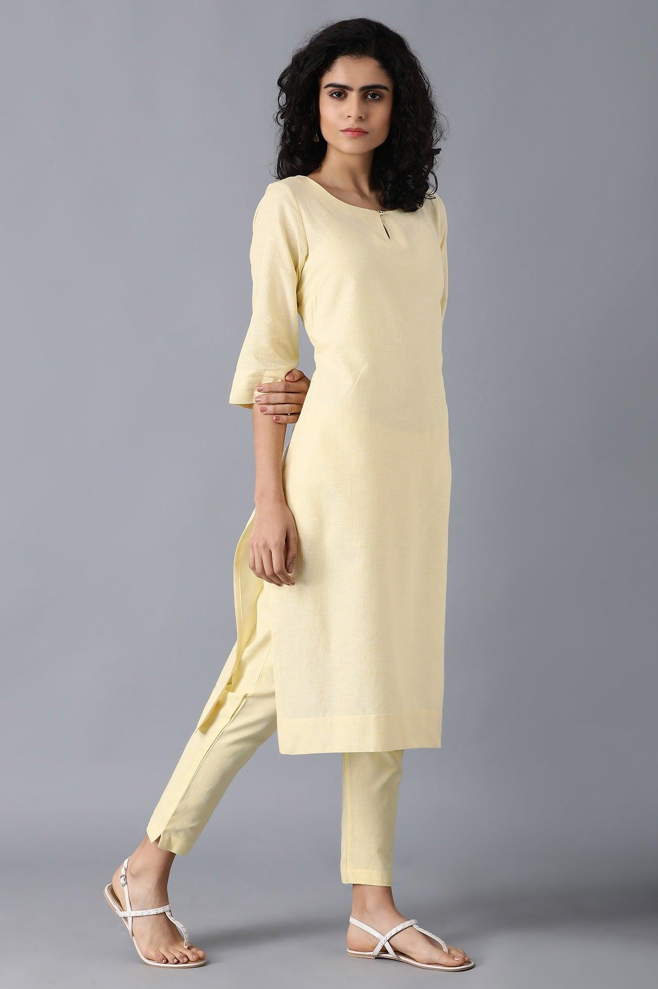 Yellow Round Neck Classic kurta - wforwoman