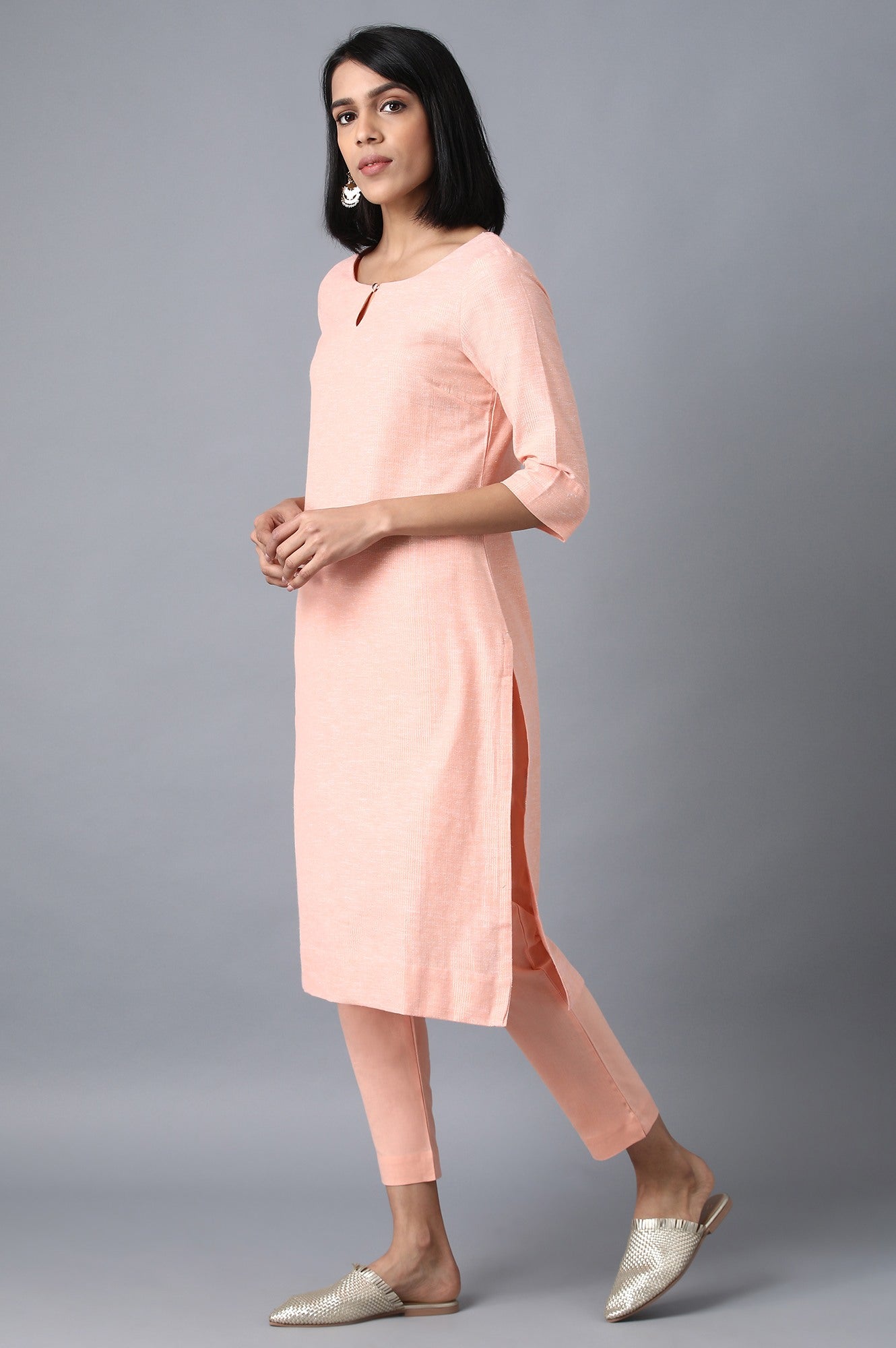 Orange Round Neck Solid kurta