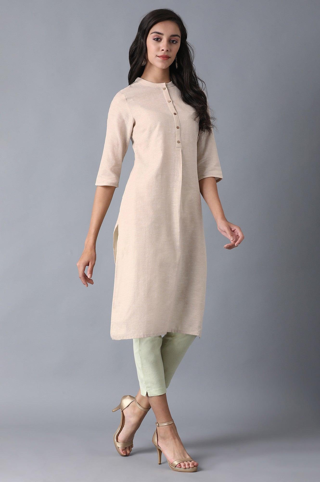 Beige Mandarin Neck Classic kurta - wforwoman