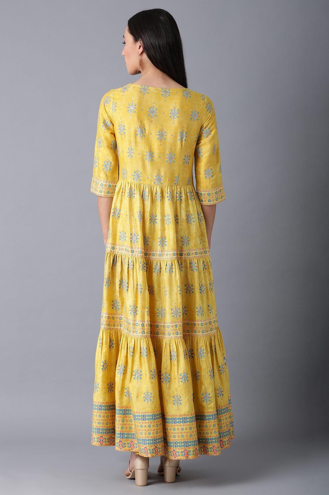 Yellow Round Neck Tiered Festive Dress - wforwoman