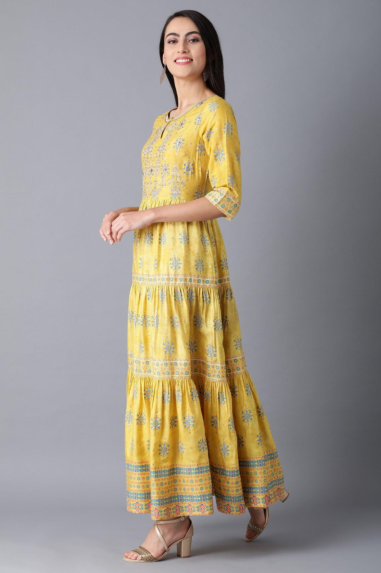 Yellow Round Neck Tiered Festive Dress - wforwoman