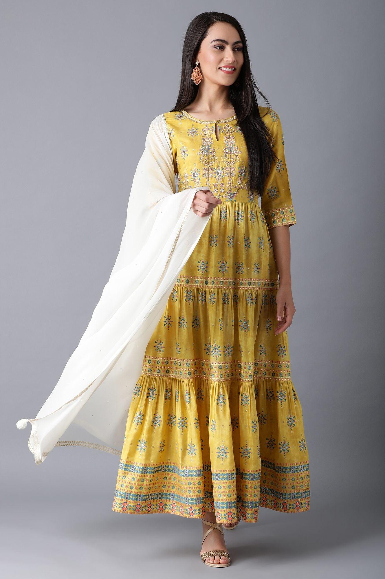Yellow Round Neck Tiered Festive Dress - wforwoman