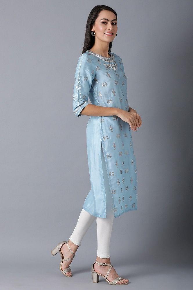 Blue Round Neck Glitter Print kurta - wforwoman