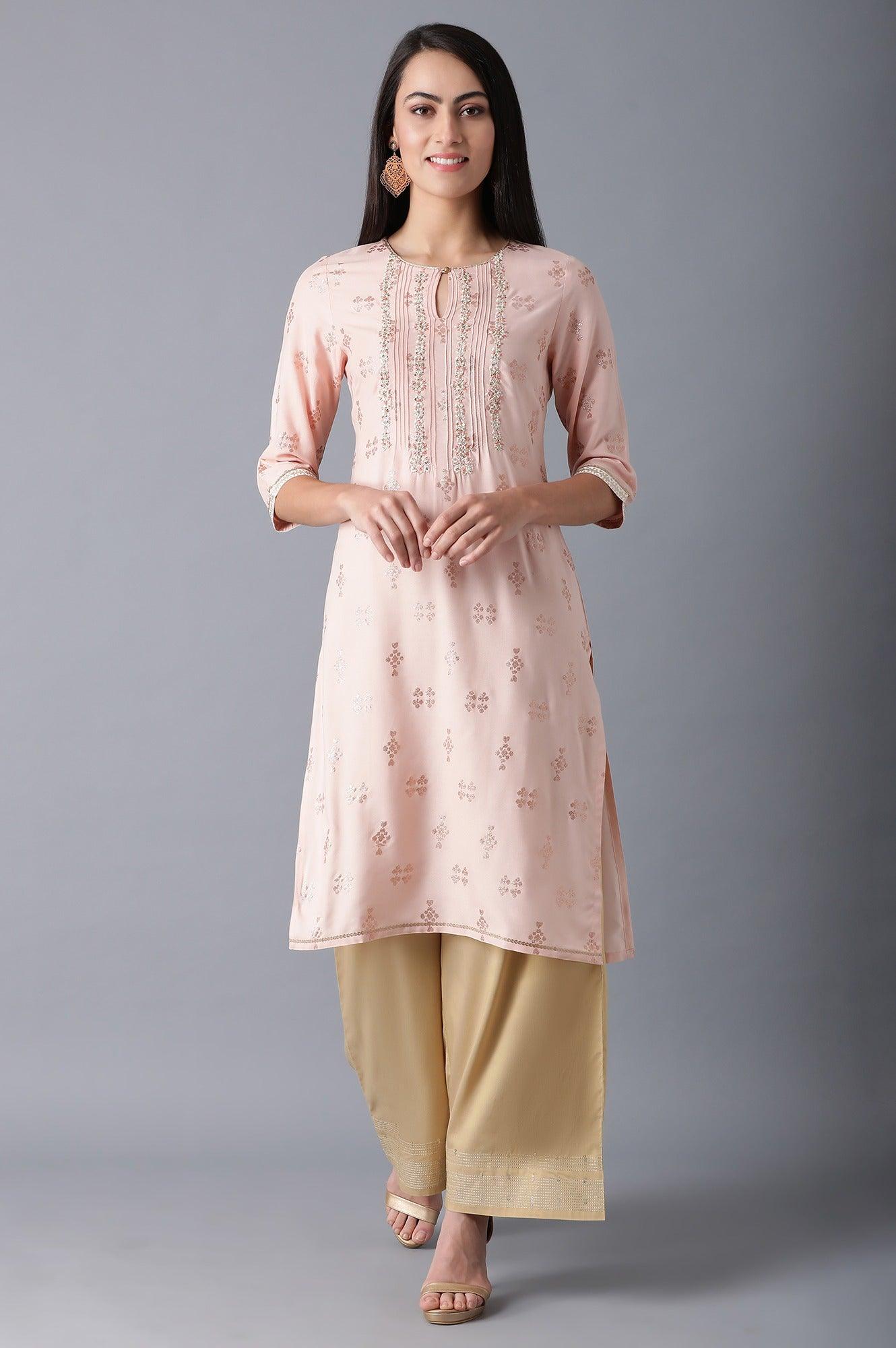 Peach Round Neck Embroidered kurta - wforwoman
