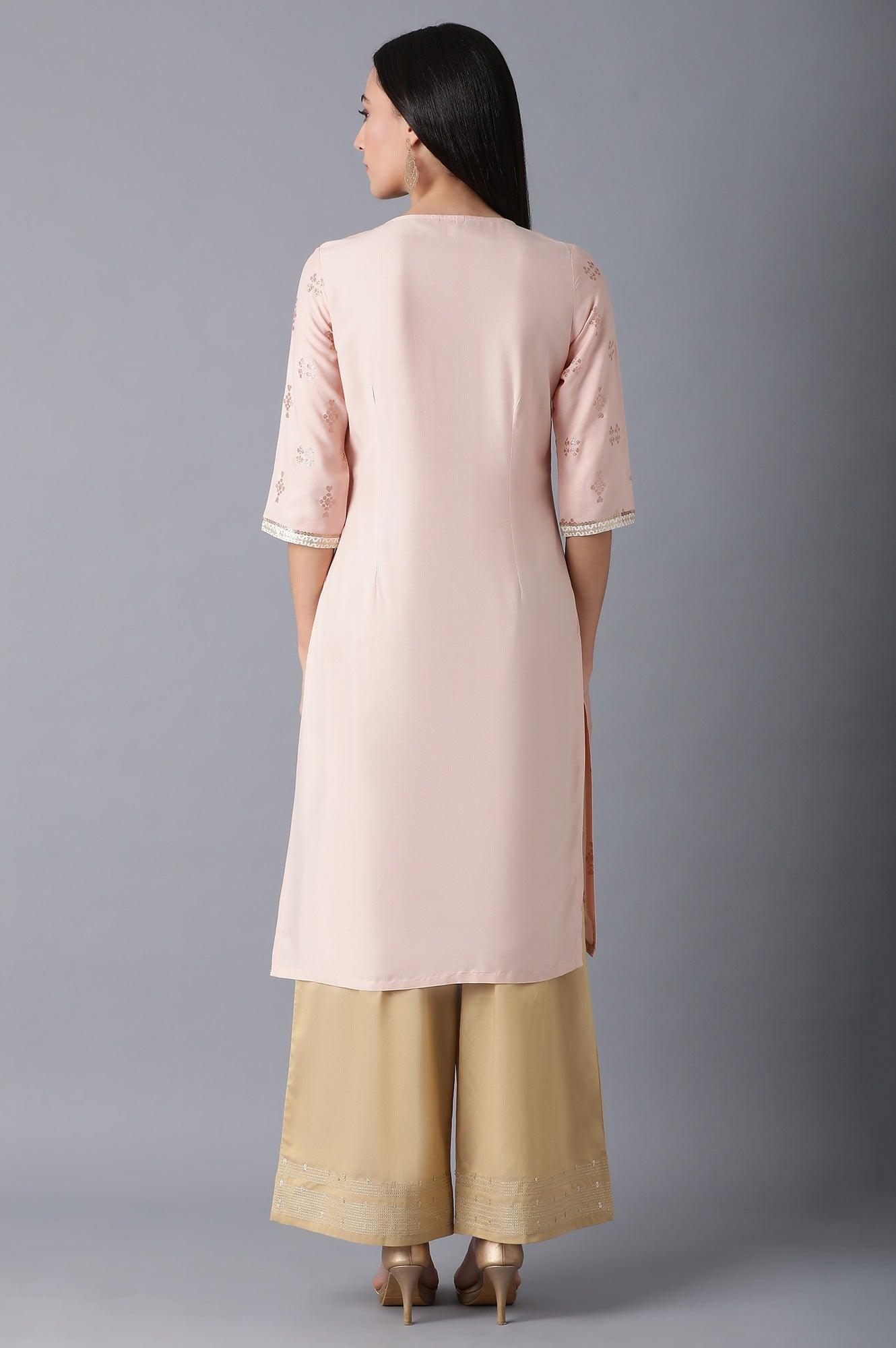 Peach Round Neck Embroidered kurta - wforwoman