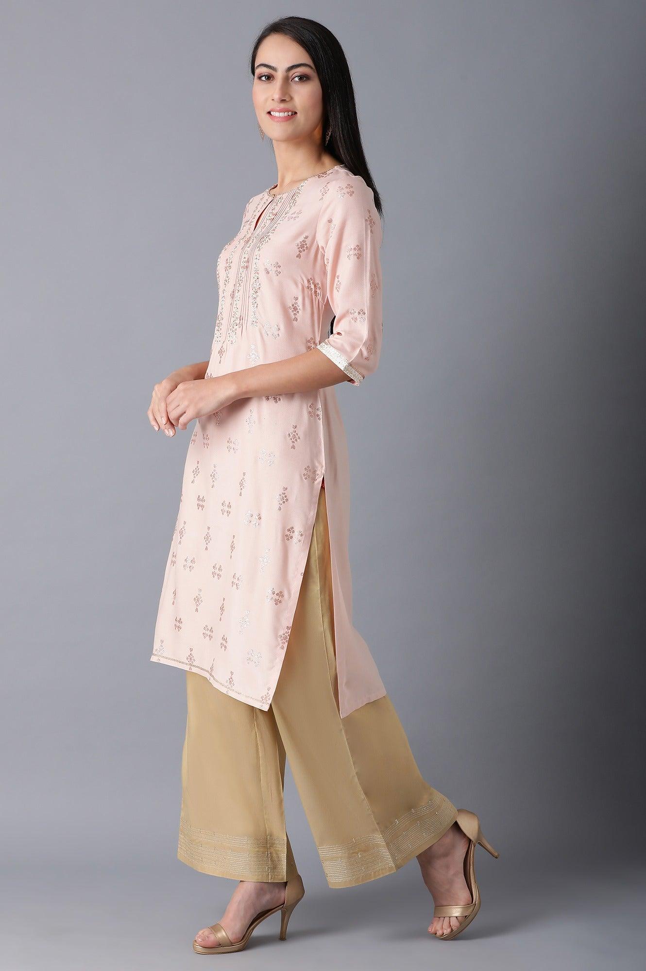 Peach Round Neck Embroidered kurta - wforwoman
