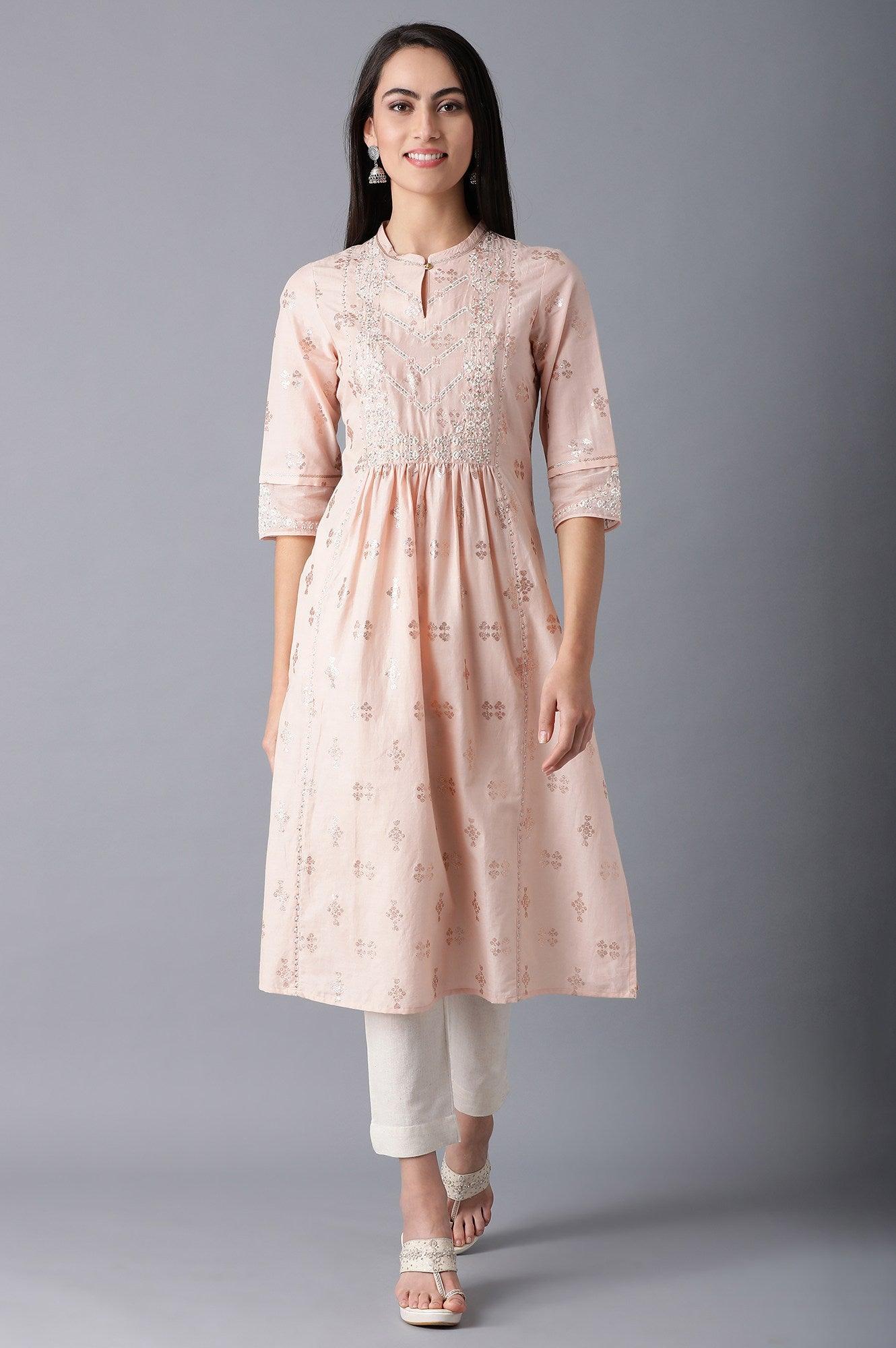 Peach Mandarin Neck Gathered kurta - wforwoman