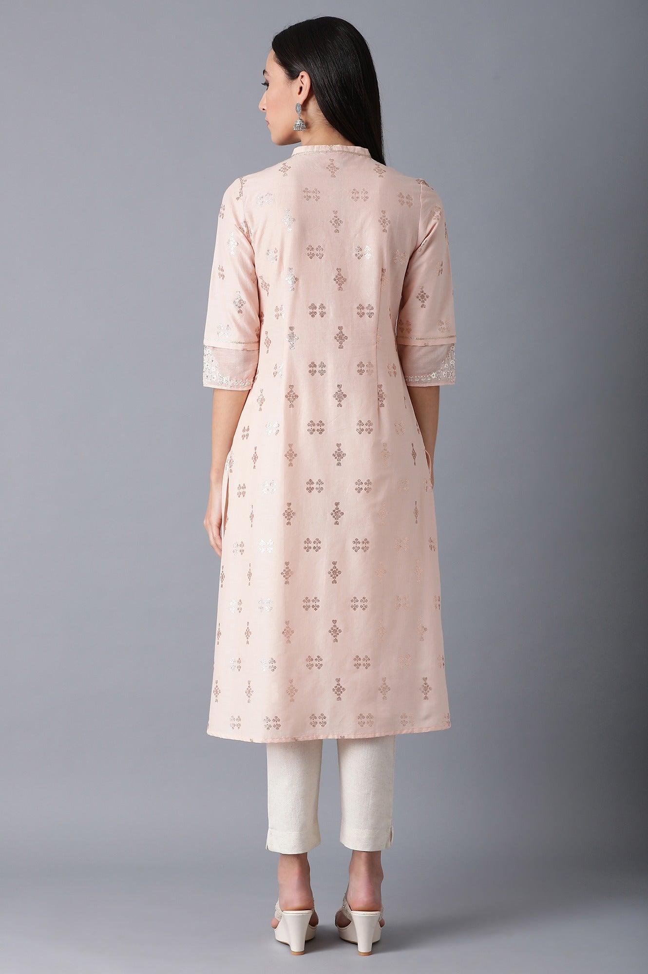 Peach Mandarin Neck Gathered kurta - wforwoman