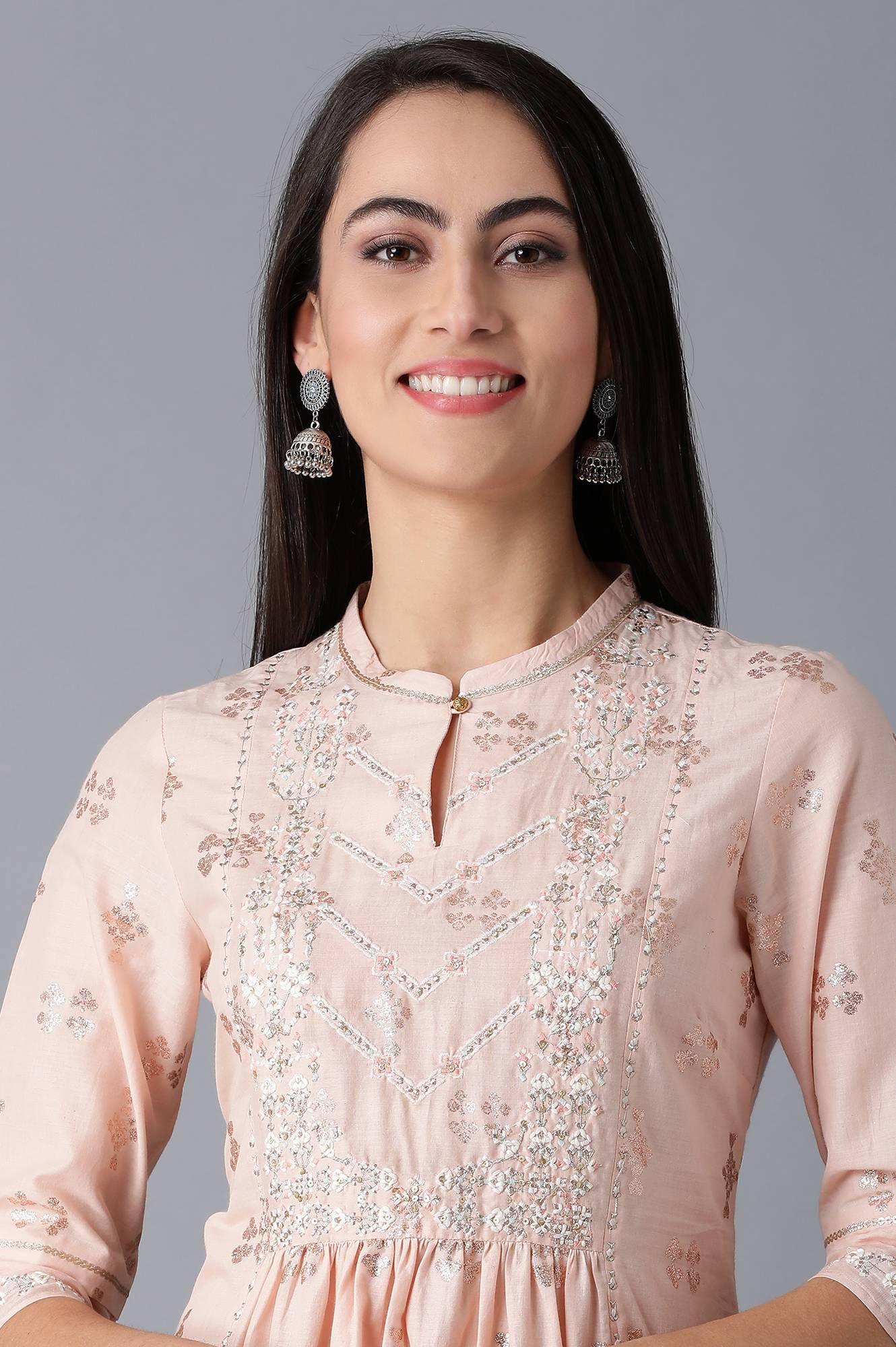 Peach Mandarin Neck Gathered kurta - wforwoman