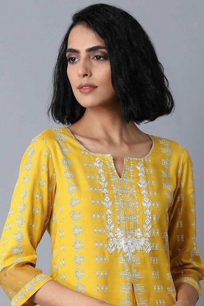 Mustard Yellow Printed Straight kurta - wforwoman