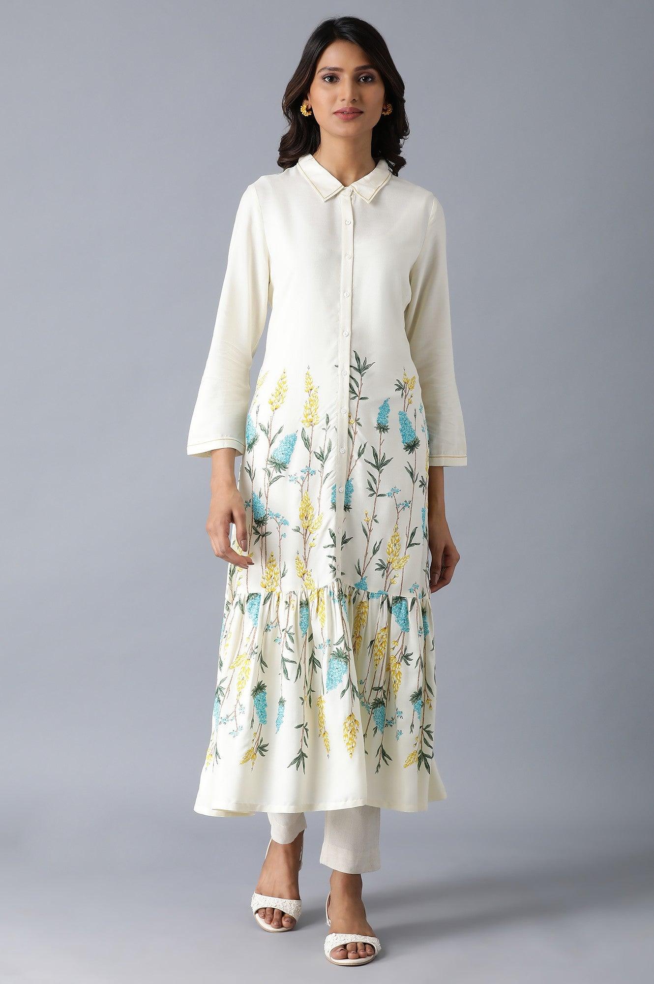 Ecru Floral Print Tiered Dress - wforwoman