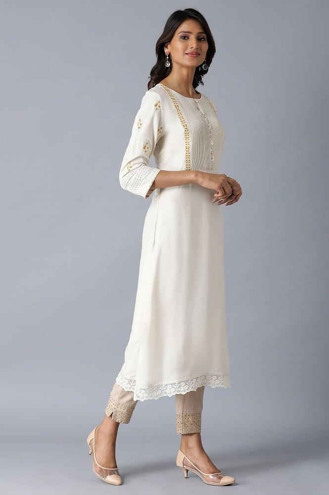 Ecru Embroidered A-Line kurta - wforwoman