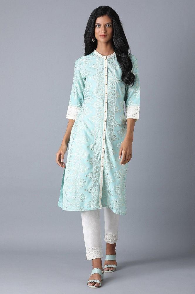 Sky Blue Straight Printed kurta - wforwoman