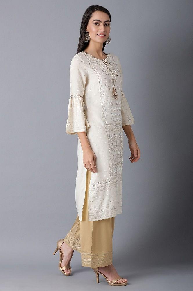 Ecru Round Neck Printed kurta - wforwoman