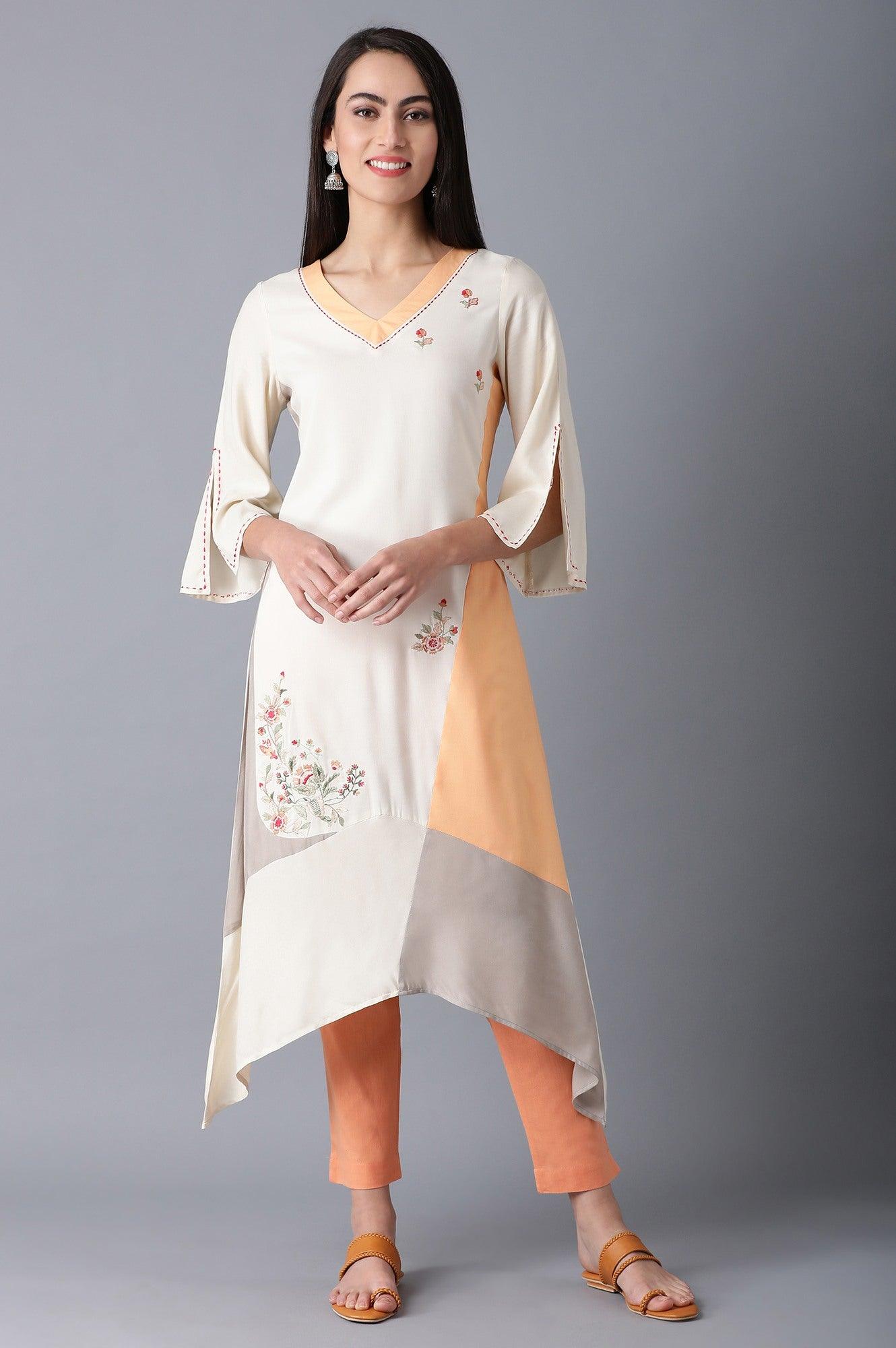 Orange & White V-Neck kurta - wforwoman