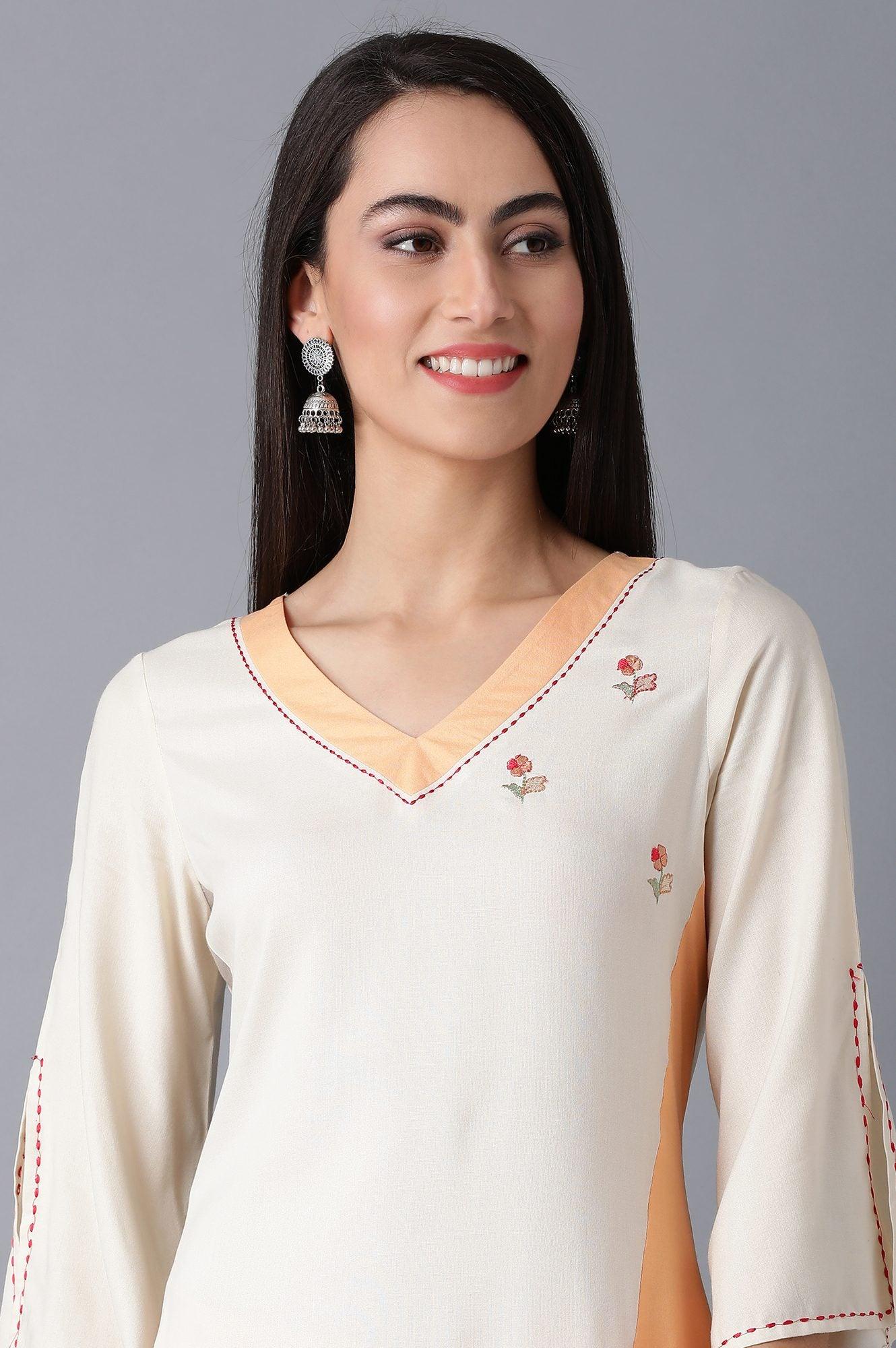 Orange & White V-Neck kurta - wforwoman