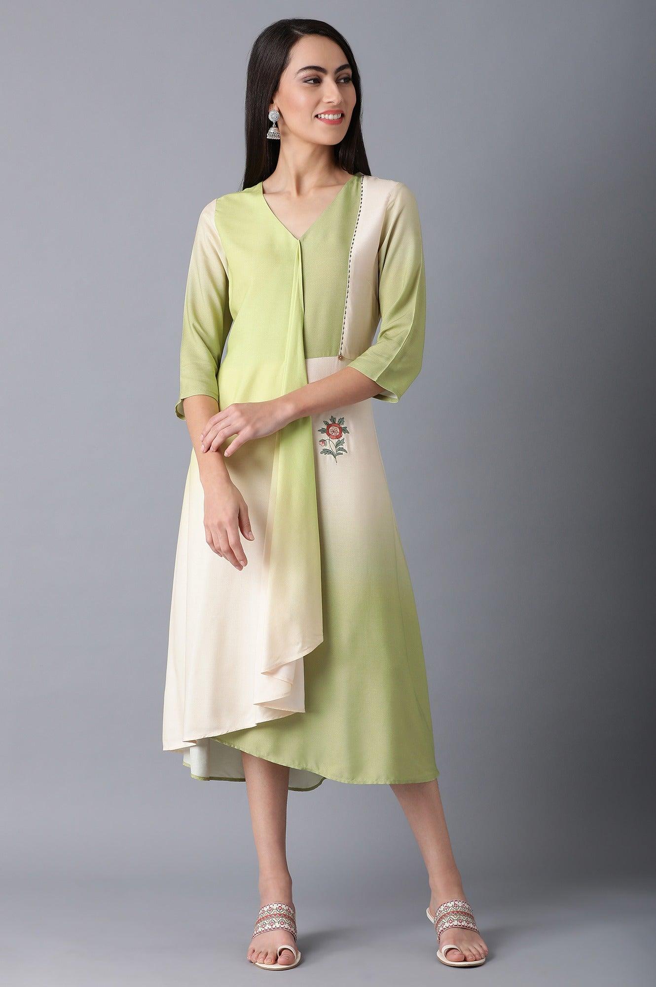 Green V-Neck Ombre Dress - wforwoman
