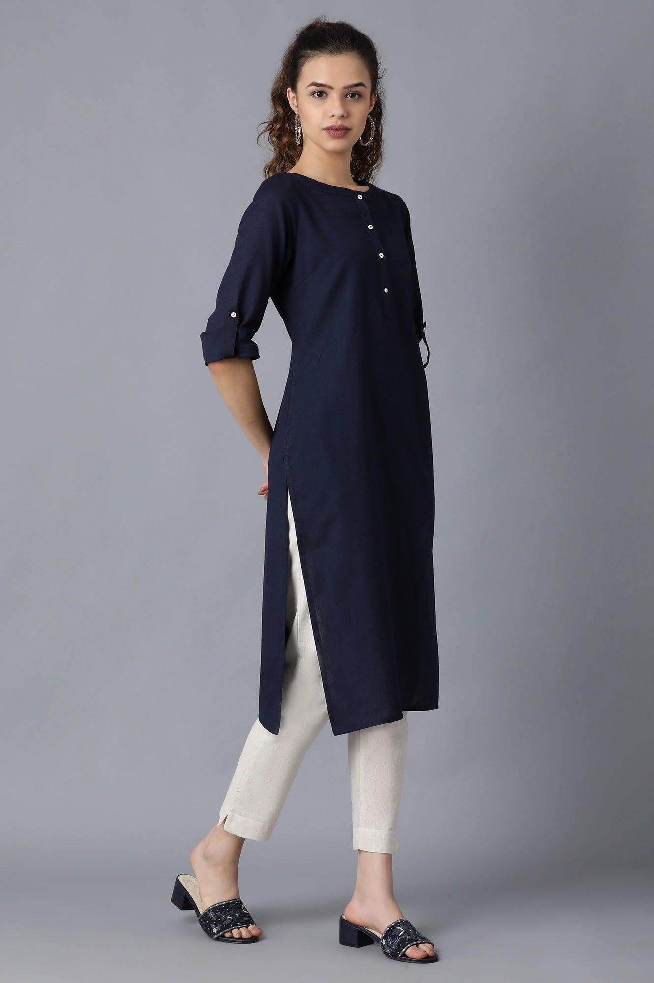 Navy Blue Round Neck Solid kurta - wforwoman