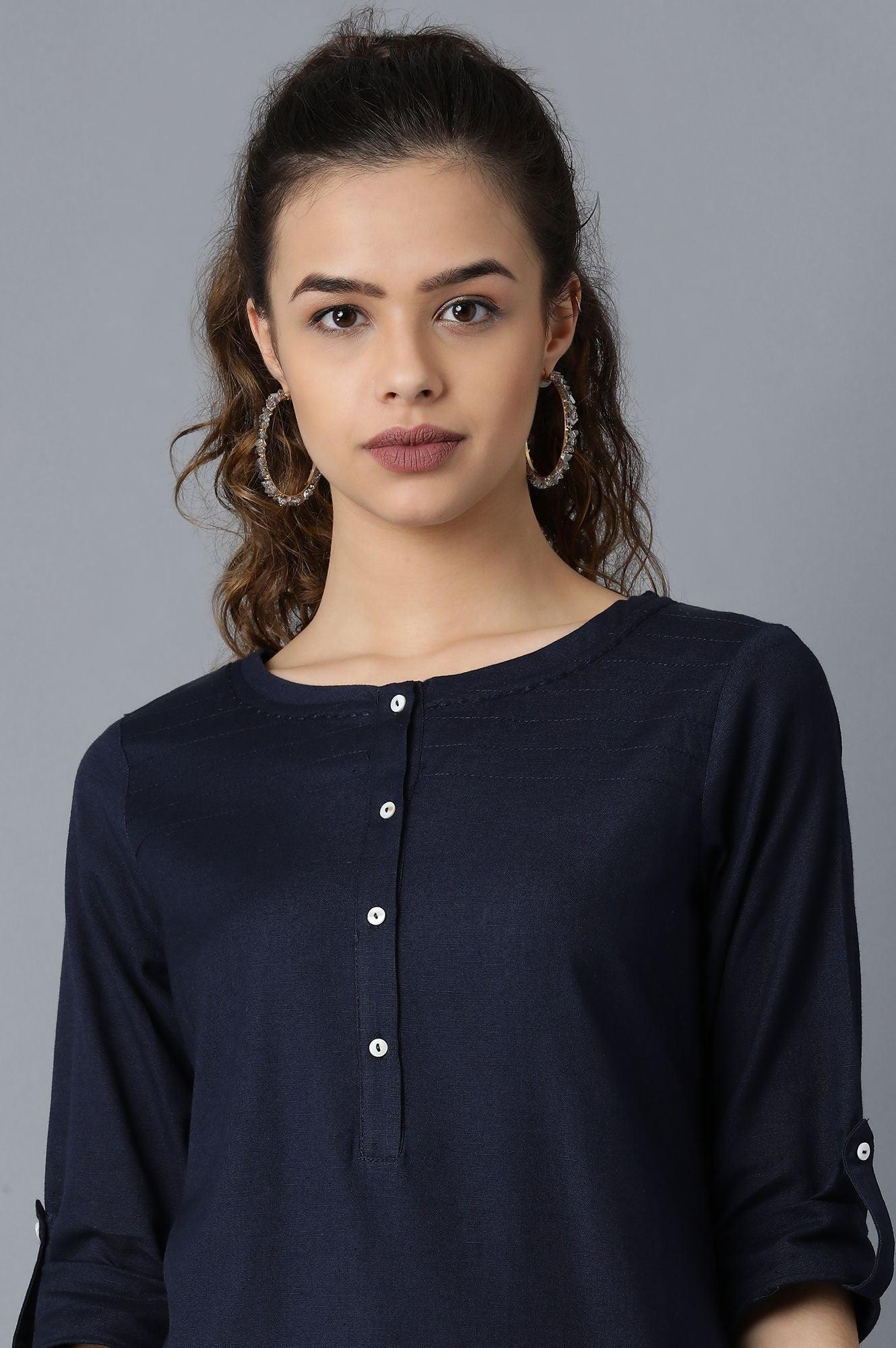 Navy Blue Round Neck Solid kurta - wforwoman