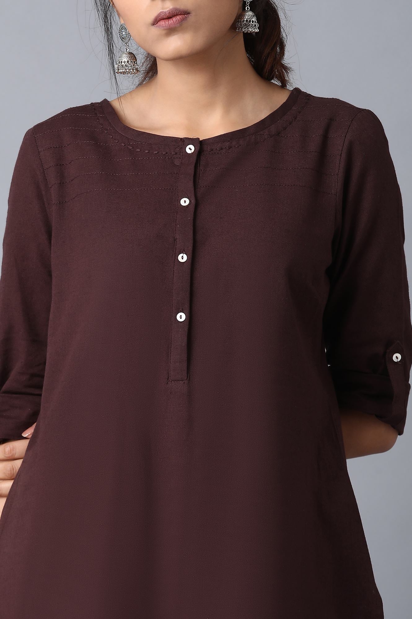 Brown Round Neck Solid kurta