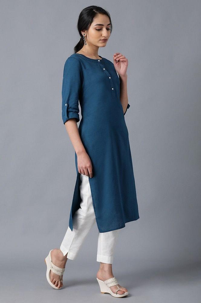 Blue Round Neck Solid kurta - wforwoman