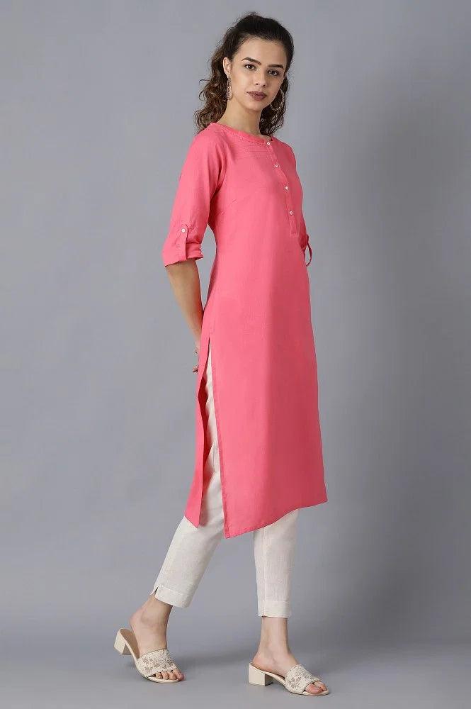 Pink Round Neck Solid kurta - wforwoman