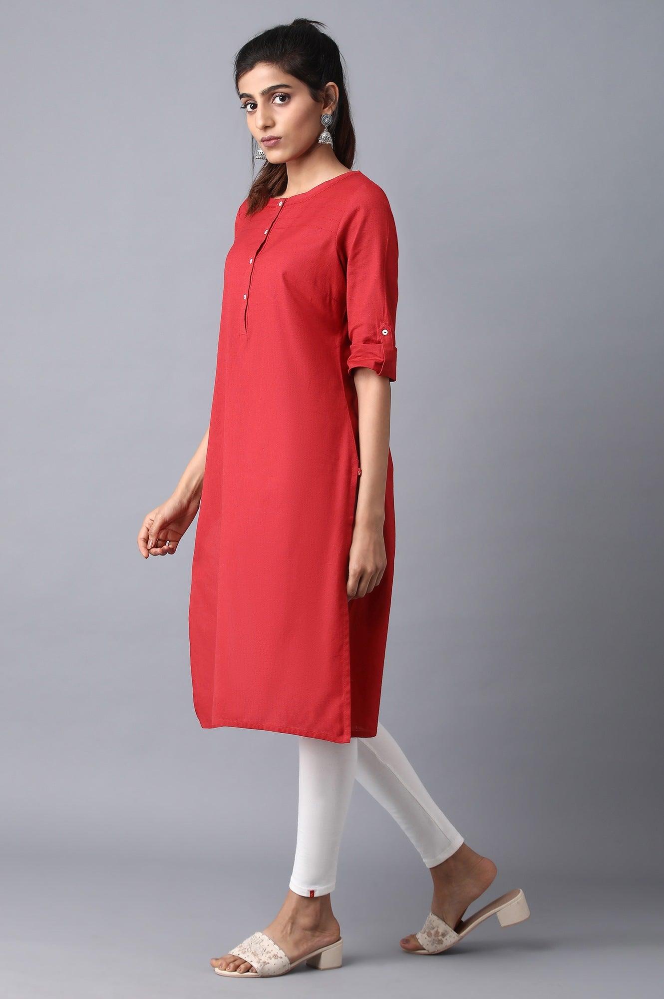 Red Round Neck Solid kurta - wforwoman