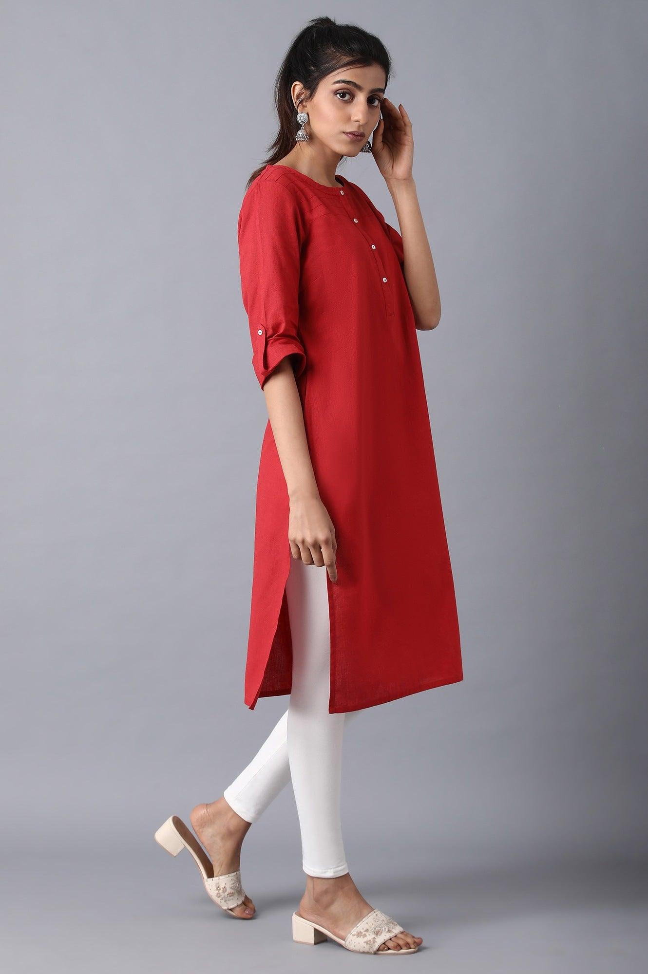 Red Round Neck Solid kurta - wforwoman